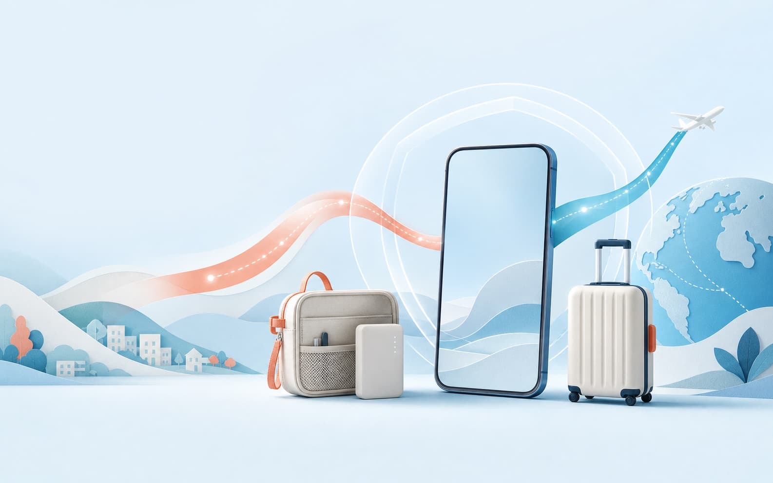 スマートフォンを中心に、防災ポーチと旅行かばんを穏やかに描いたイラスト