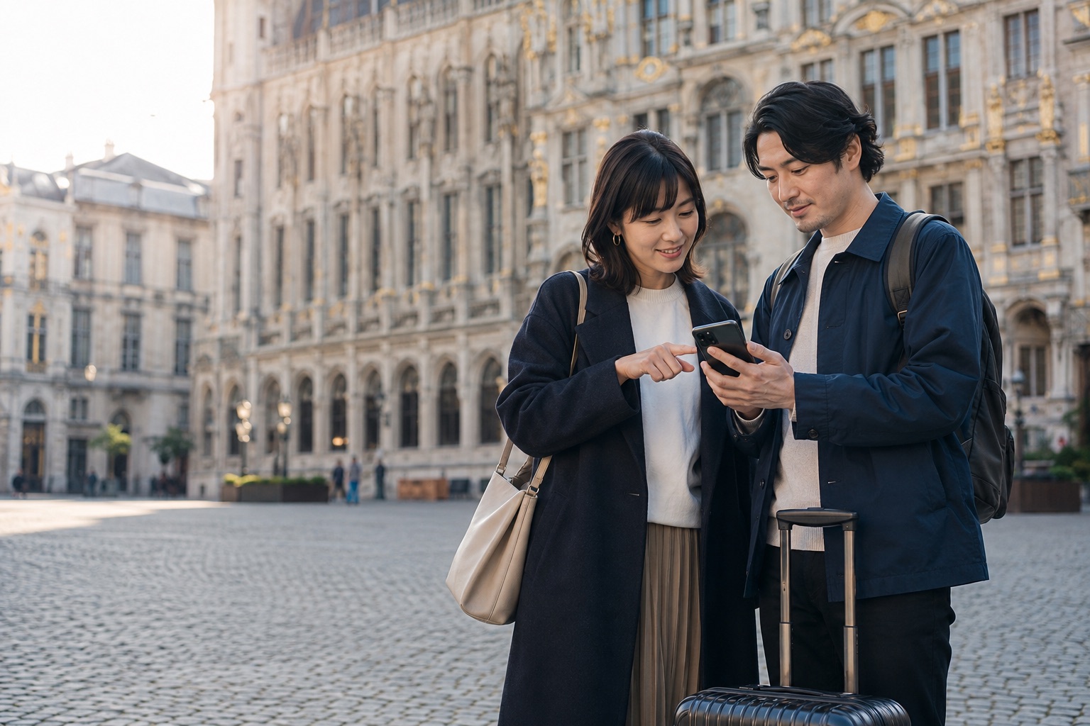 ベルギー到着後、スマートフォンで移動ルートを確認する旅行者