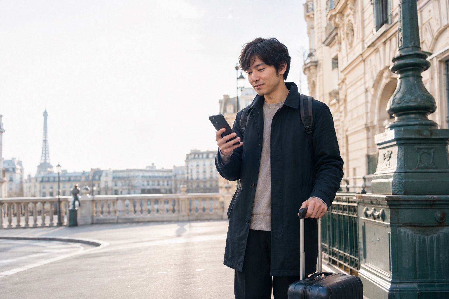 フランス到着後、スマートフォンで移動ルートを確認する旅行者