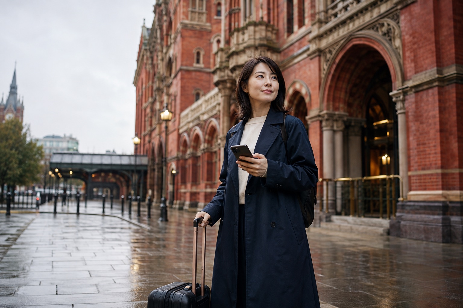 イギリス到着後、スマートフォンで移動ルートを確認する旅行者